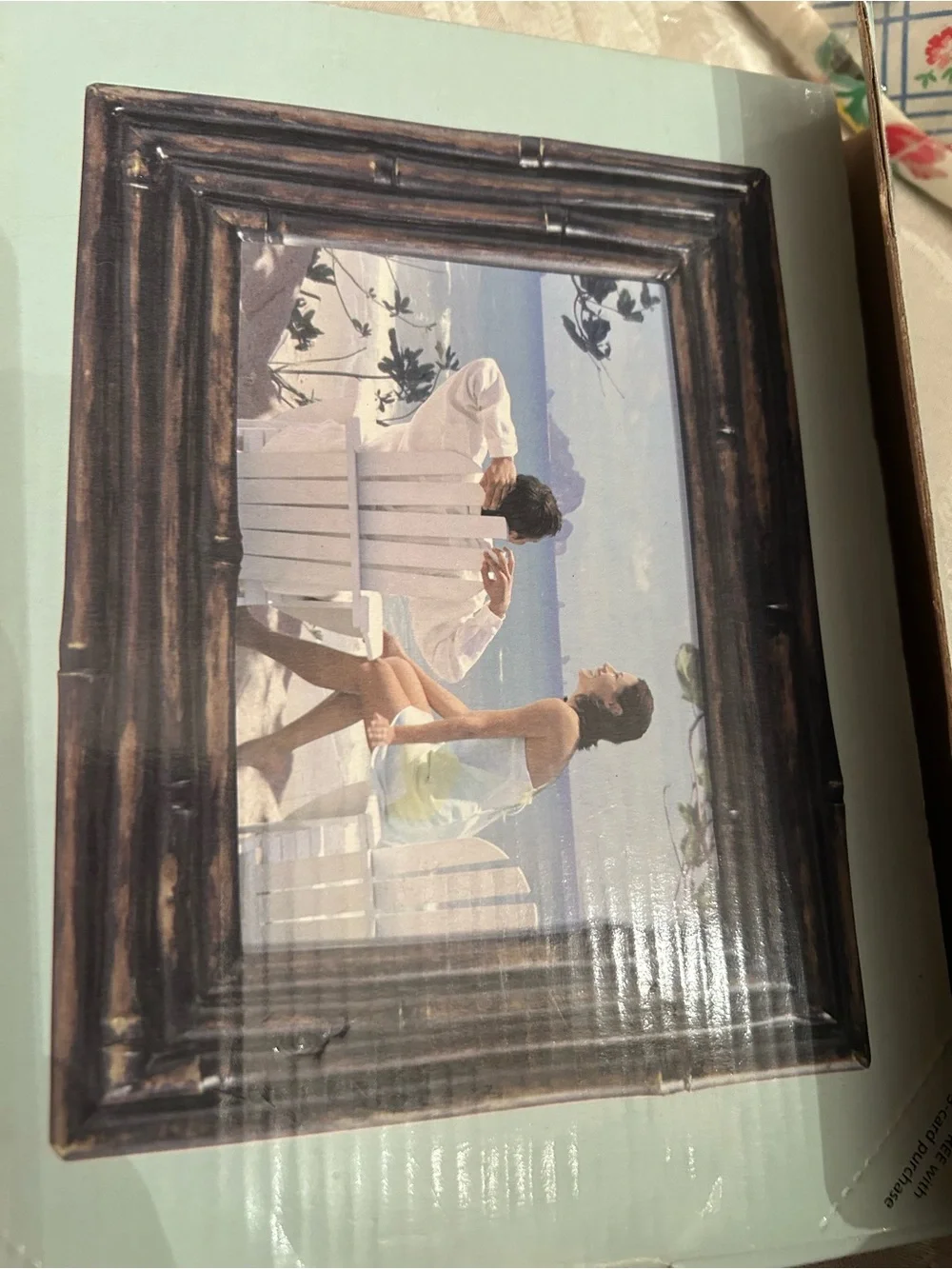 Vintage brown hallmark frame with vintage postcard copy of sailboat oil painting